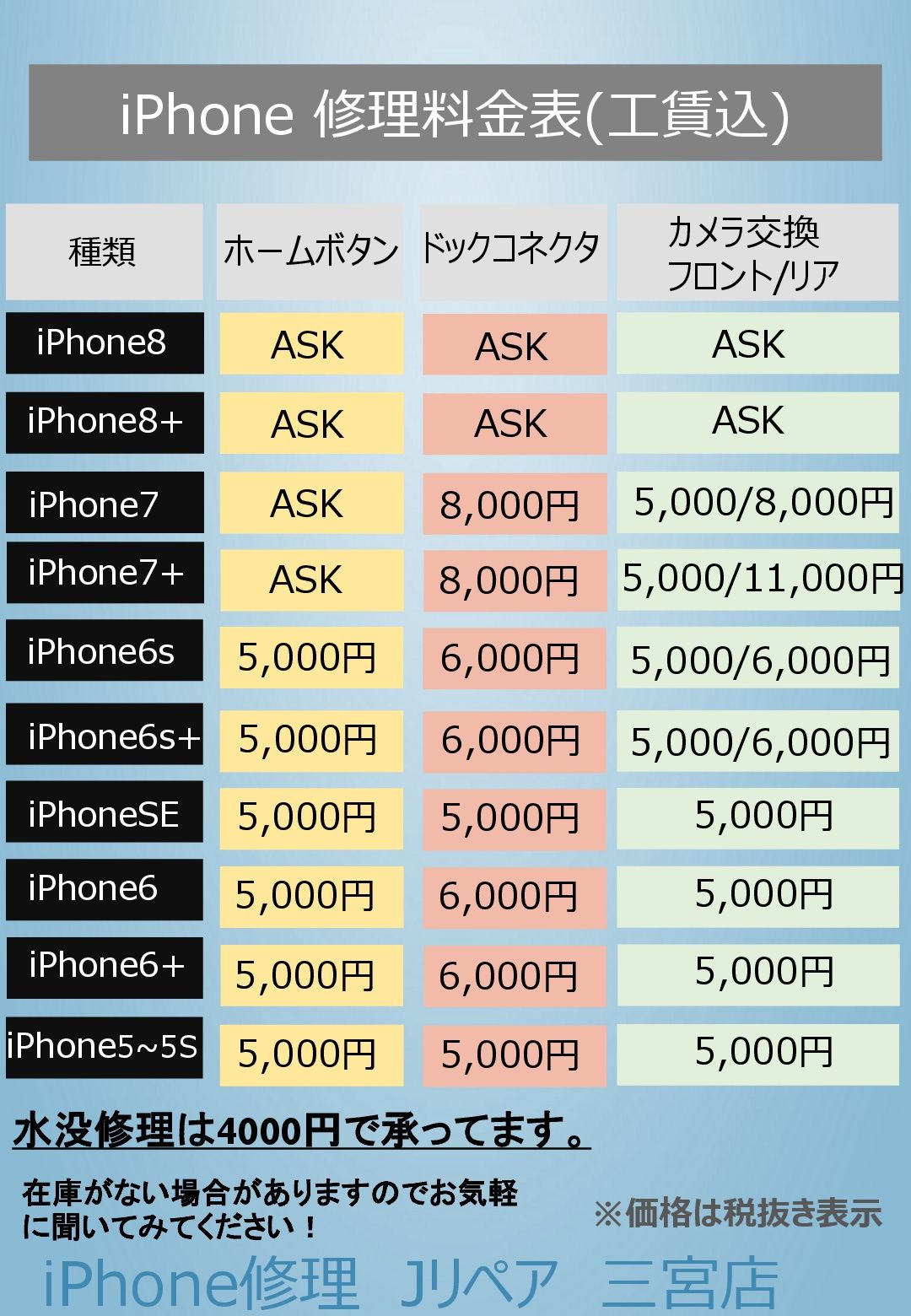 画面以外料金表